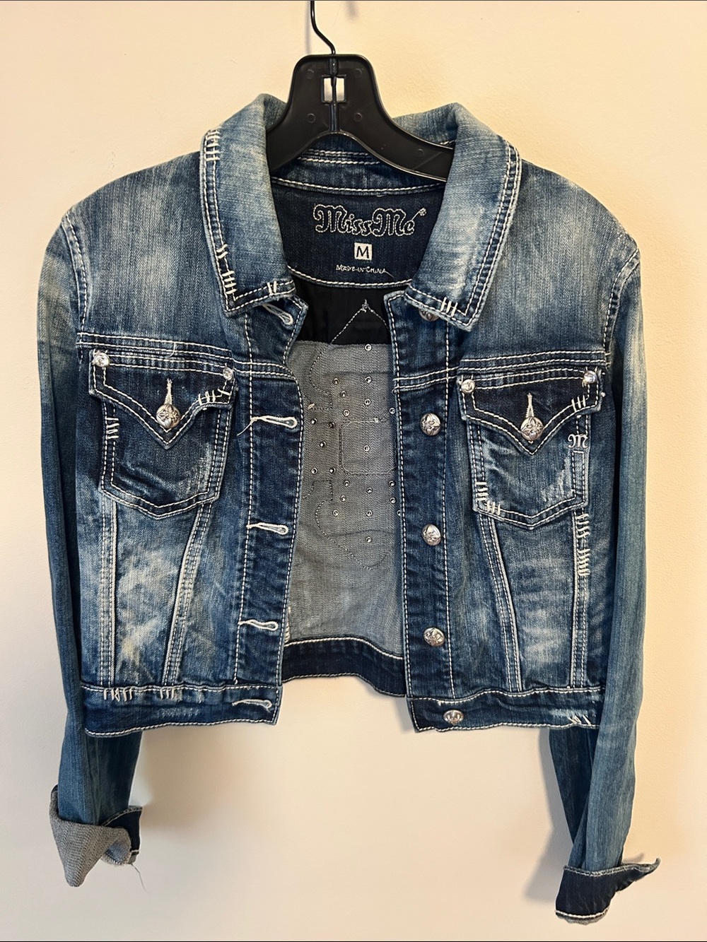 Miss Me Distressed Light Blue Cropped Denim Jacket with Stud Detailing